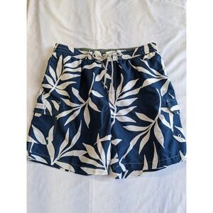 Caribbean Joe Mens XL Swim Trunks Navy White Tropical‎ Leaf Cargo Board Shorts